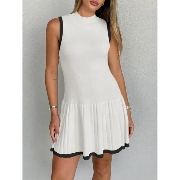 Womens Ribbed Knit Mini Dress Sleeveless Mock Neck Casual Summer Fashion
